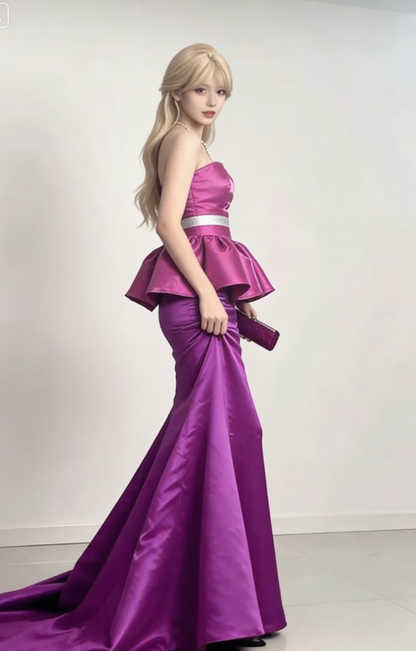 Barbie Pink Mermaid Strapless Satin Long Prom Dress Evening Dress DP3191