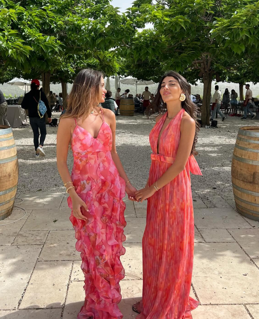 Pink Sheath Straps Print Floral Ruffle Chiffon Long Prom Dress Graduation Prom Dress DP4960