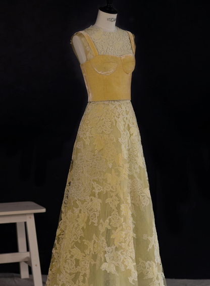 Vintage A Line Round Neck Yellow Lace Velvet Prom Dress Evening Dress DP1535