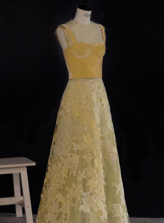 Vintage A Line Round Neck Yellow Lace Velvet Prom Dress Evening Dress DP1535