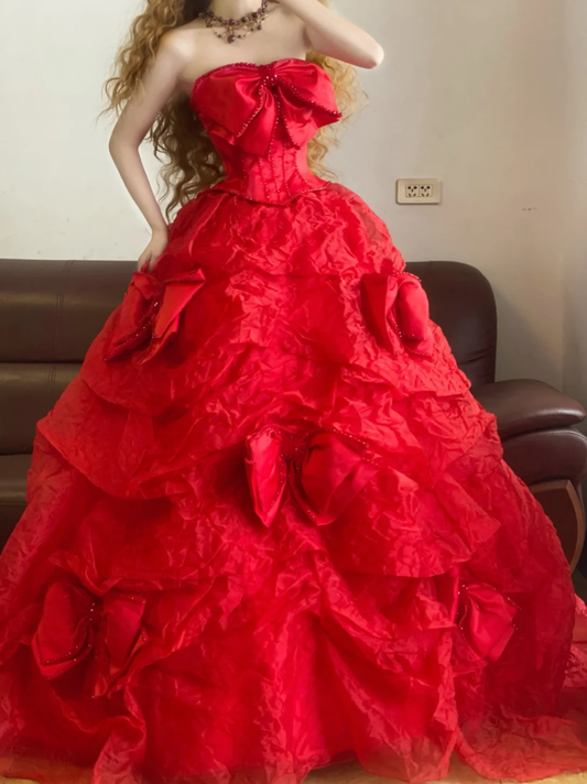 Red Ball Gown Bow Rhinestone Organza Long 16th Birthday Dress Party Dress Quinceanera Dress DP4086