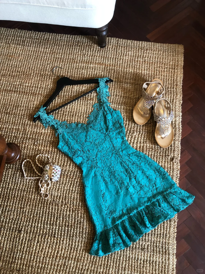 Lake Blue A Line Strap Lace Short Prom Dress Homecoming Dress DP5456