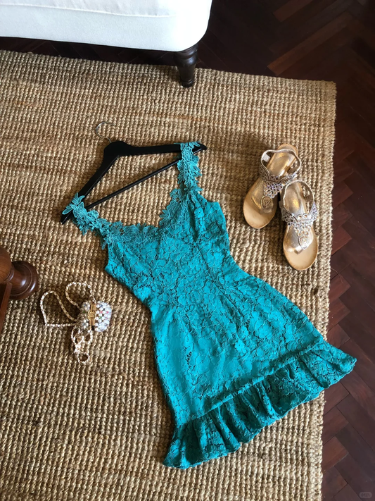 Lake Blue A Line Strap Lace Short Prom Dress Homecoming Dress DP5456