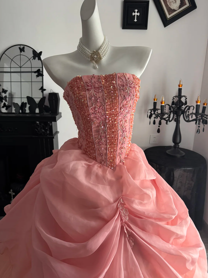 Peach Pink Ball Gown Strapless Beaded Tulle Prom Dress Quinceanera Dress DP6964
