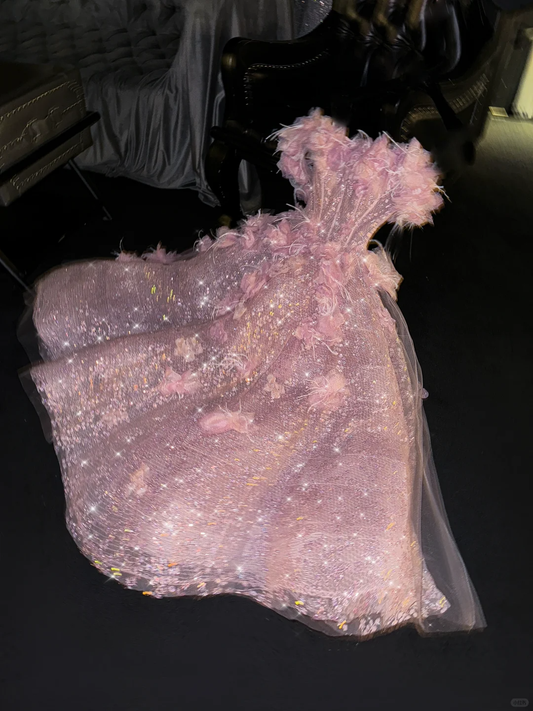 Princess A Line Off the Shoulder Pink Feather Flower Sequin Prom Dress Evening Dress DP2458