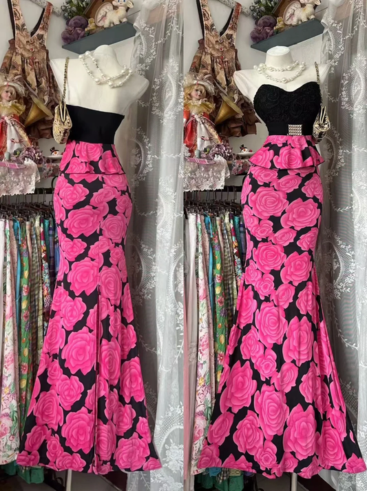 Vintage Mermaid Sweetheart Neck Pink Print Floral Satin Prom Dress Evening Party Dress DP5624
