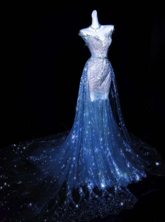 Dreamy Mermaid V Neck Blue Beaded Tulle Long Prom Dress Evening Dress DP2732