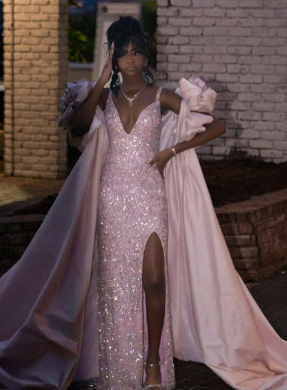 Shiny Pink Sheath Straps Exquisite Beaded Satin Prom Dress with Slit DP5064