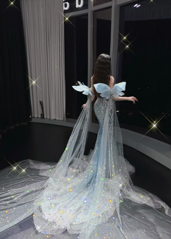 Elegant Blue Mermaid Strap Exquisite Beaded Tulle Prom Dress Evening Dress DP6624