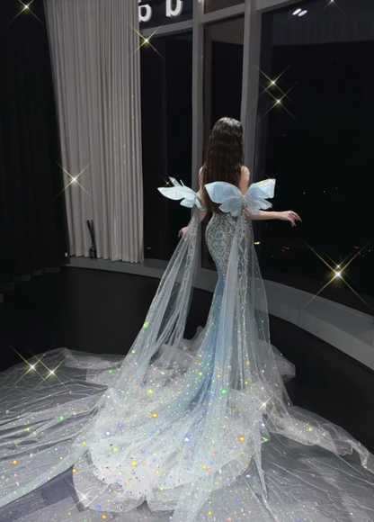 Elegant Blue Mermaid Strap Exquisite Beaded Tulle Prom Dress Evening Dress DP6624