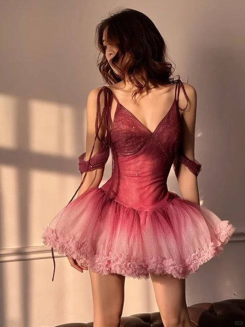 Cute Pink Ombre A Line Spaghetti Strap Sequin Tulle Short Homecoming Dress DP6403