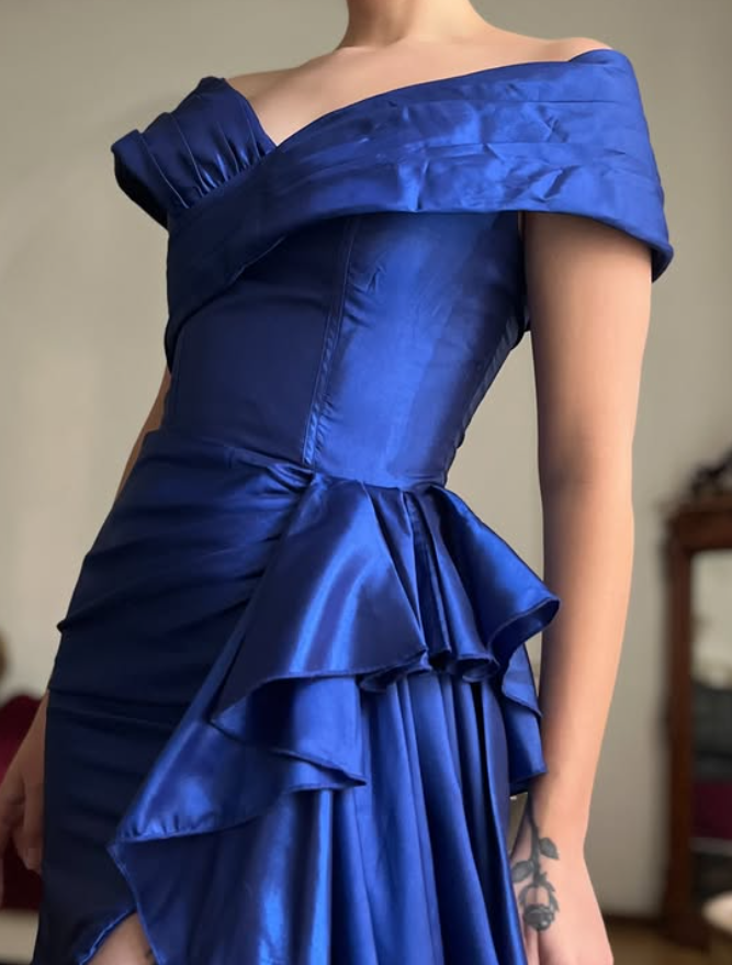 Vintage Royal Blue Mermaid V Neck Satin Slit Prom Dress Evening Dress Date Dress DP5706