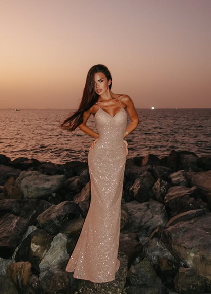 Sexy Mermaid Spaghetti Strap Sequin Open Back Prom Dress Outfits DP4677
