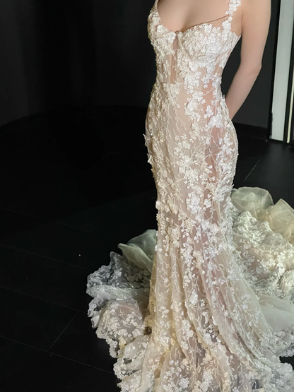 Stunning Mermaid Spaghetti Strap Floral Tulle Long Sweep Wedding Dress Prom Dress DP4418