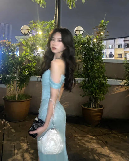Baby Blue A Line Off the Shoulder Sequin Satin Long Prom Dress Graduation Prom Dress DP2881