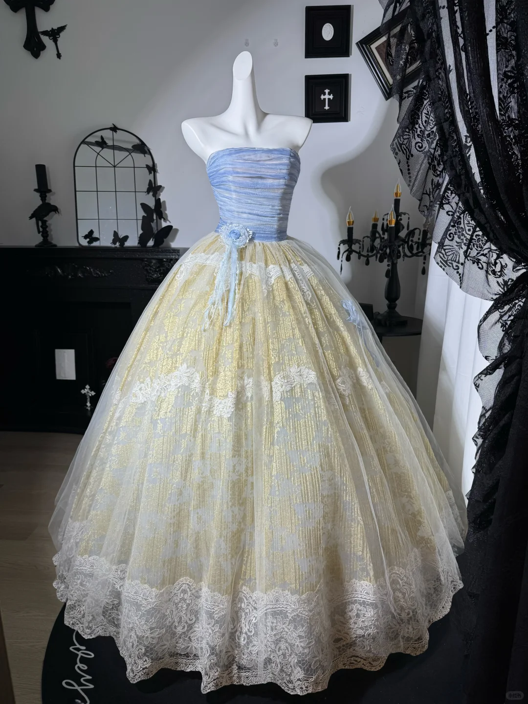Vintage Ball Gown Strapless Blue Tulle White Lace Prom Dress Evening Dress DP6986
