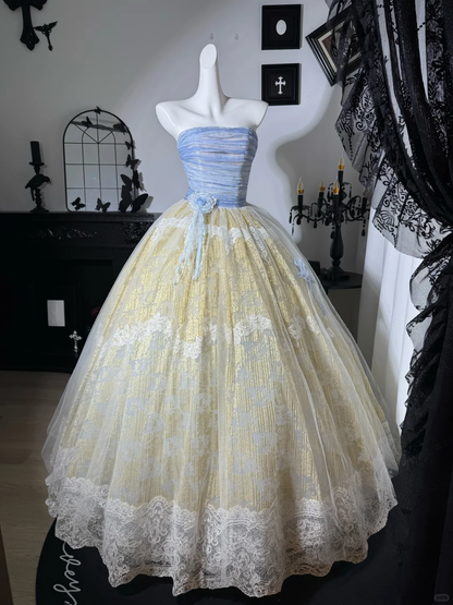Vintage Ball Gown Strapless Blue Tulle White Lace Prom Dress Evening Dress DP6986