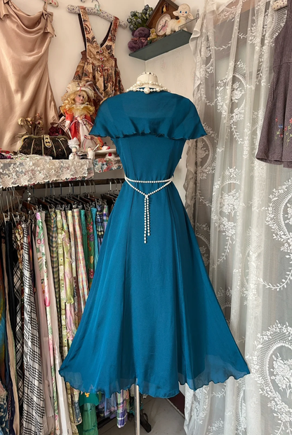 Charming Vintage A Line Straps Detachable Bow Chiffon Tea Length Prom Dress Outfits DP5007