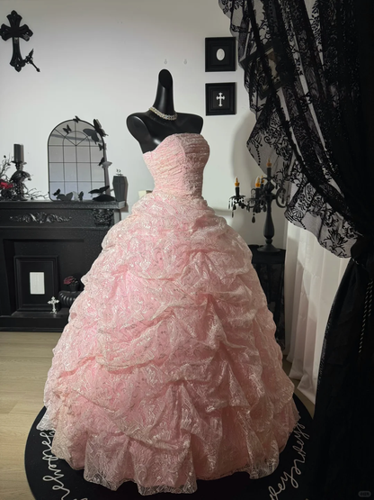 Sweety Pink A Line Strapless Pleated Lace Prom Dress Evening Dress DP6979
