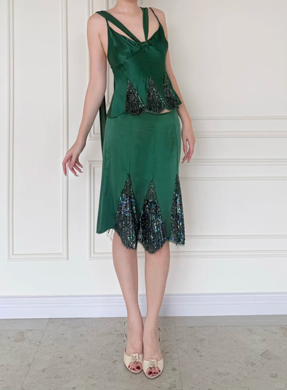 Vintage Two Piece Exquisite Beaded Emerald Satin Short Prom Dress Homecoming Dress DP5162