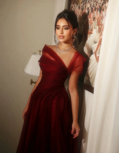 Unique Burgundy A Line Ethereal Tulle Long Prom Dress Evening Dress DP6935