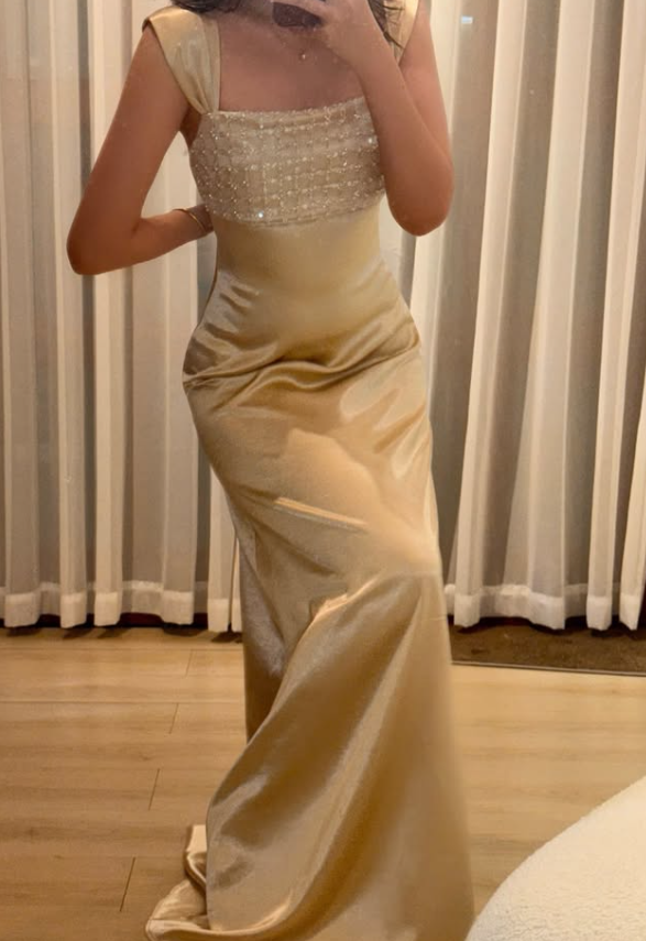 Champagne A Line Strap Exquisite Beaded Satin Prom Dress Evening Dress DP7917