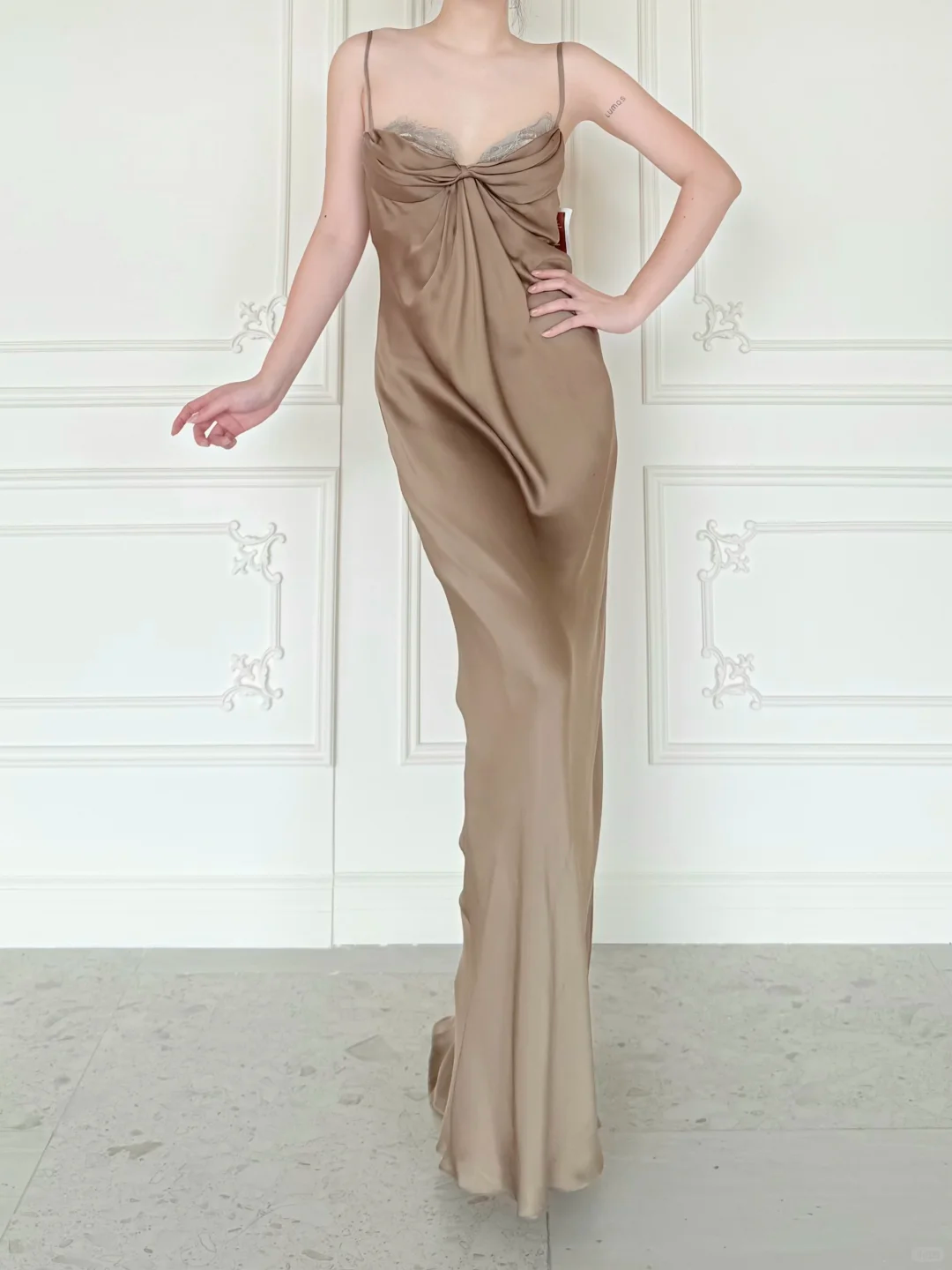 Simple Sheath Spaghetti Strap Brown Satin Long Prom Dress Evening Dress DP6447