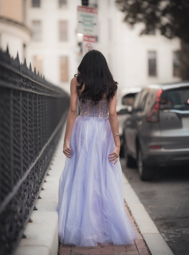 Lilac A Line Sweetheart Neck Corset Appliques Tulle Long Prom Dress Evening Dress DP1580