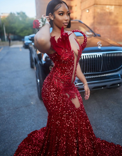 Sexy Mermaid V Neck Feather Red Sequin Long Sweep Prom Dress Evening Dress DP1707
