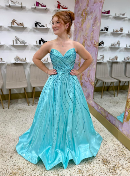 Stunning Blue A Line Sweetheart Neck Beaded Satin Prom Dress Party Evening Dress DP6304