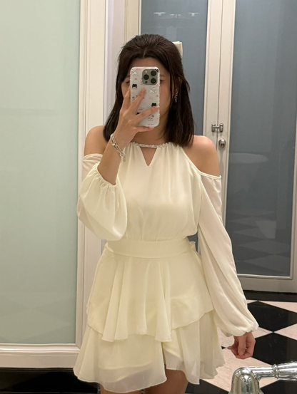 Ivory A Line Halter Layered Chiffon Party Dresses Homecoming Dress Outfits DP3415