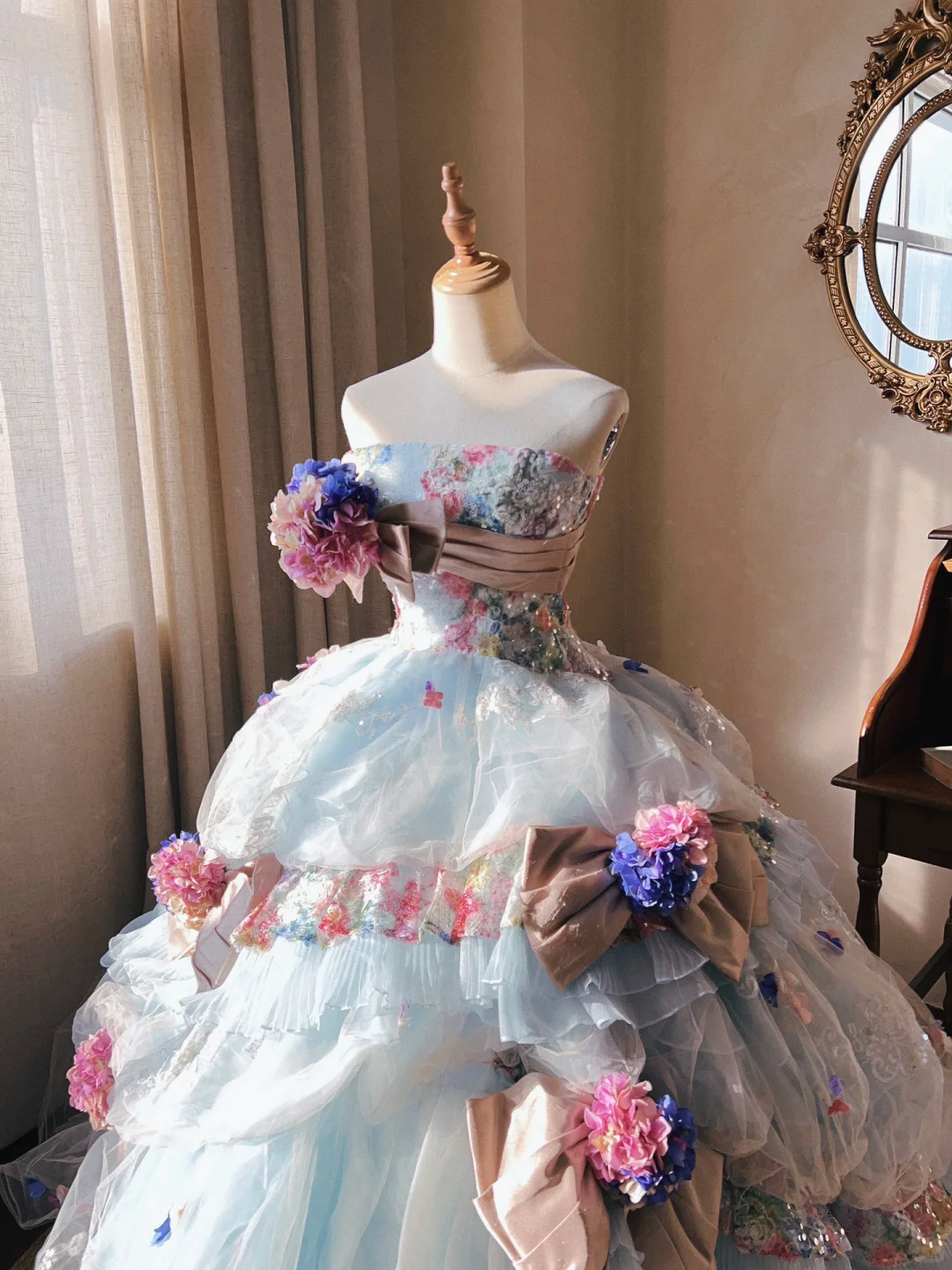 Dreamy Baby Blue Ball Gown Floral Tulle Prom Dress 16TH Birthday Dress DP5017