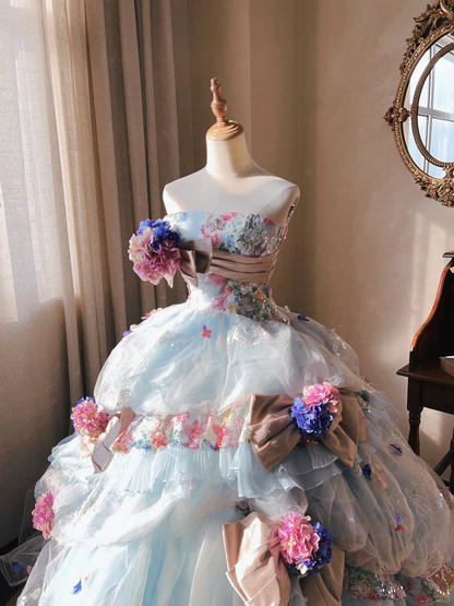 Dreamy Baby Blue Ball Gown Floral Tulle Prom Dress 16TH Birthday Dress DP5017