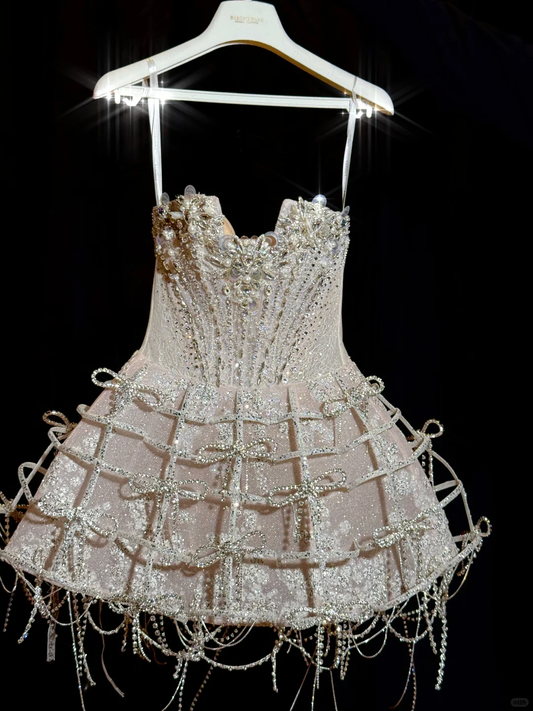 Shiny A Line Strapless Rhinestone Sequin Tulle Short Homecoming Dress Cocktail Dress with Bow DP2642