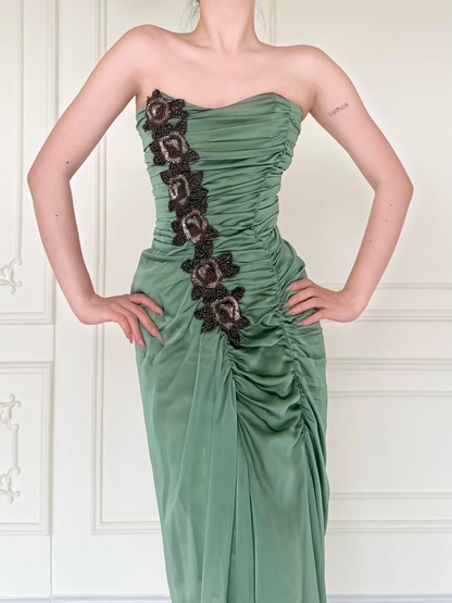 Vintage Sage Green Exquisite Beaded Pleated Satin Tea Length Prom Dress DP5164