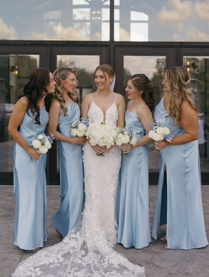 Cute Bow Blue A Line Straps Satin Bridesmaid Dress Prom Dress with Slit DP4979