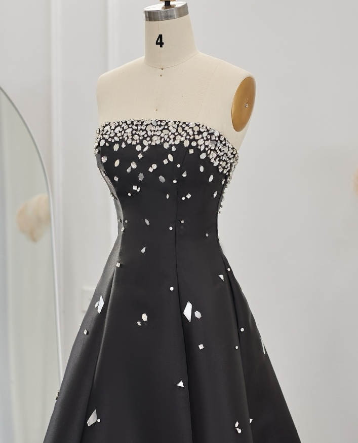 Charming A Line Strapless Black Satin Long Prom Dress Evening Dress DP1477