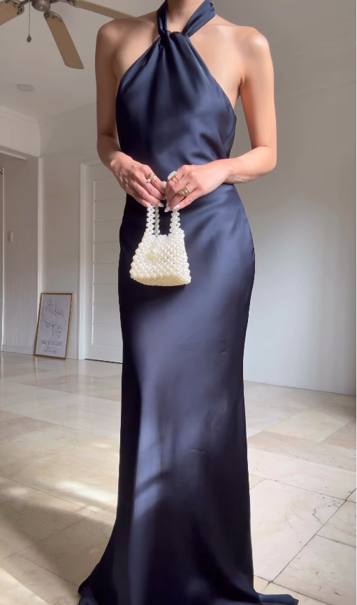 Simple Sheath Halter Navy Blue Satin Open Back Graduation Prom Dress DP4875