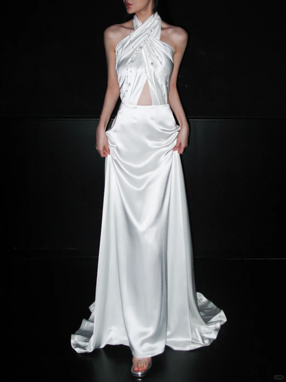 Simple High-class A Line Halter Pearl White Satin Backless Long Wedding Dress DP6376