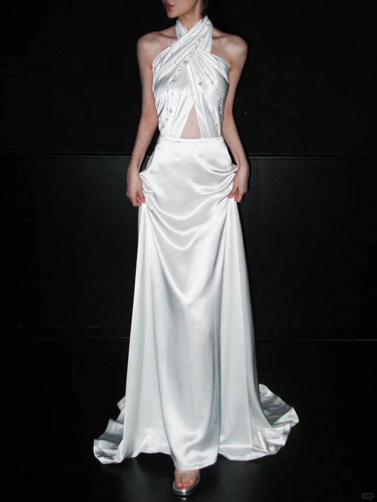 Simple High-class A Line Halter Pearl White Satin Backless Long Wedding Dress DP6376