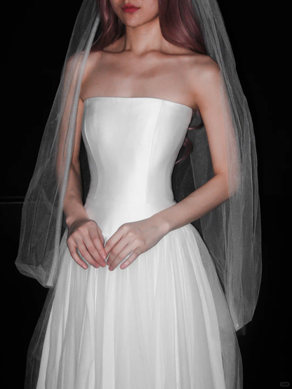 Classic Simple A Line Strapless White Tulle Satin Wedding Dress DP5187