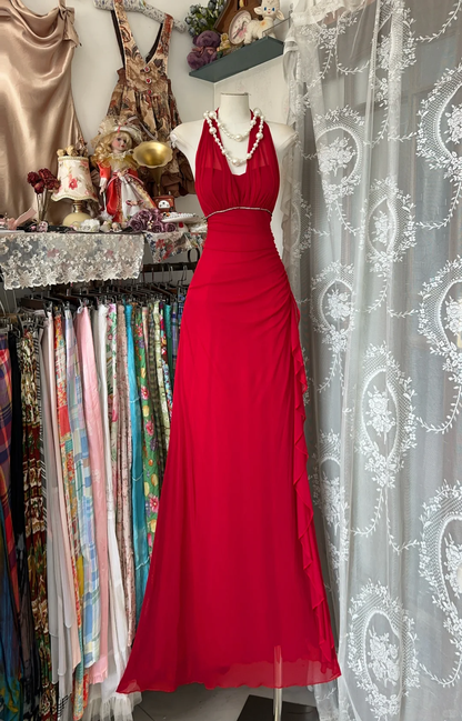 Vintage A Line Halter Red Chiffon Open Back Prom Dress Evening Dress DP4868