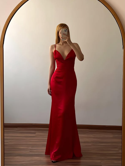 Pretty Mermaid Spaghetti Strap Red Satin Backless Prom Dress Evening Dress DP6493