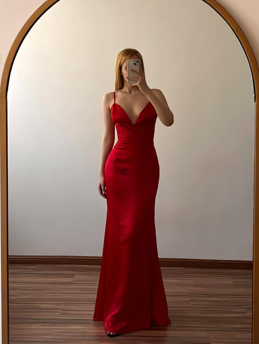 Pretty Mermaid Spaghetti Strap Red Satin Backless Prom Dress Evening Dress DP6493