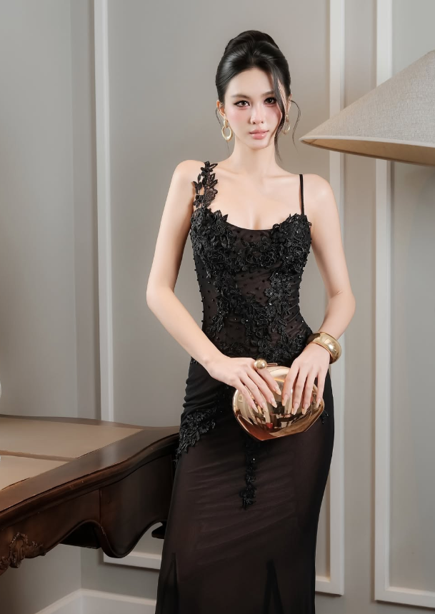 Sexy Black Sheath Spaghetti Strap Lace Appliques Tulle Prom Dress Evening Dress DP6138