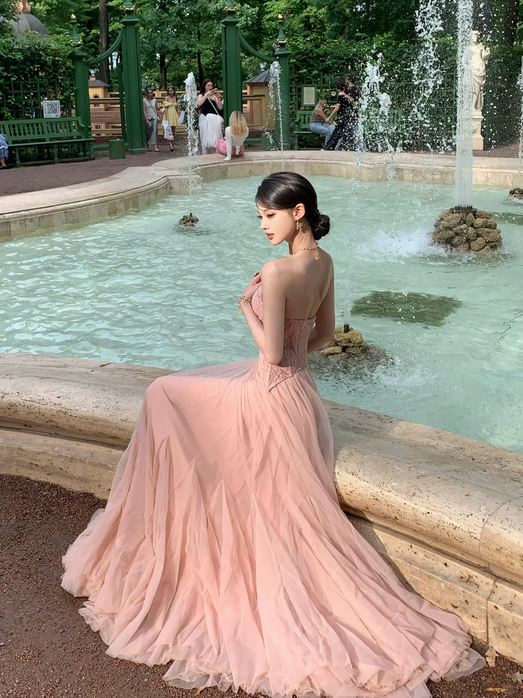 Gentle A Line Strapless Pink Lace Tulle Long Prom Dress Party Dress DP3965