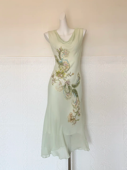 Vintage Light Green Print Floral Beaded Chiffon Prom Dress DP5172