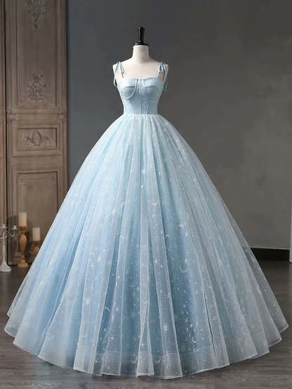 Star and Moon Fantasy Tulle A-Line Long Evening Dress, Sweet 16 Blue  Prom Dress Quinceanera Dress DP008