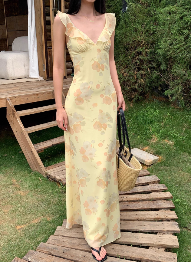 Yellow Print Floral A Line Straps Chiffon Prom Dress Party Dress Outfits DP3460