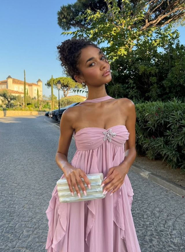 Cute A Line Strapless Pink Ruffle Chiffon Birthday Dress Outfits DP1443